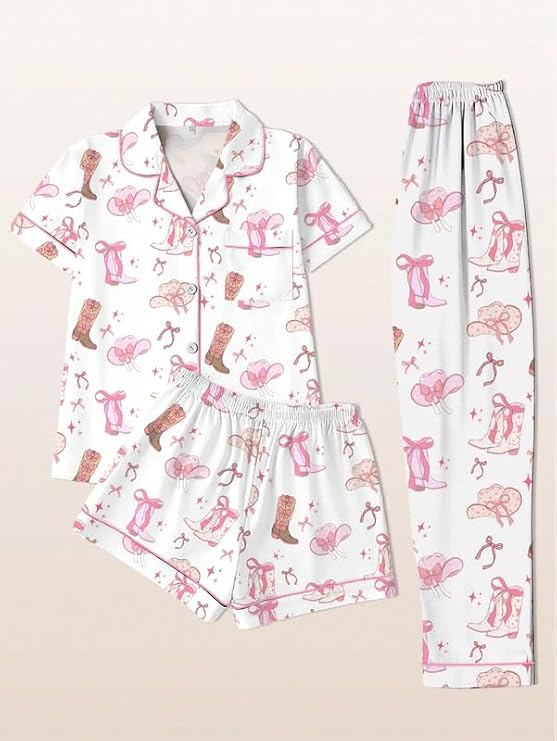 Women's Three Piece Western Print Button Down Pajama Set with Shorts and Pants