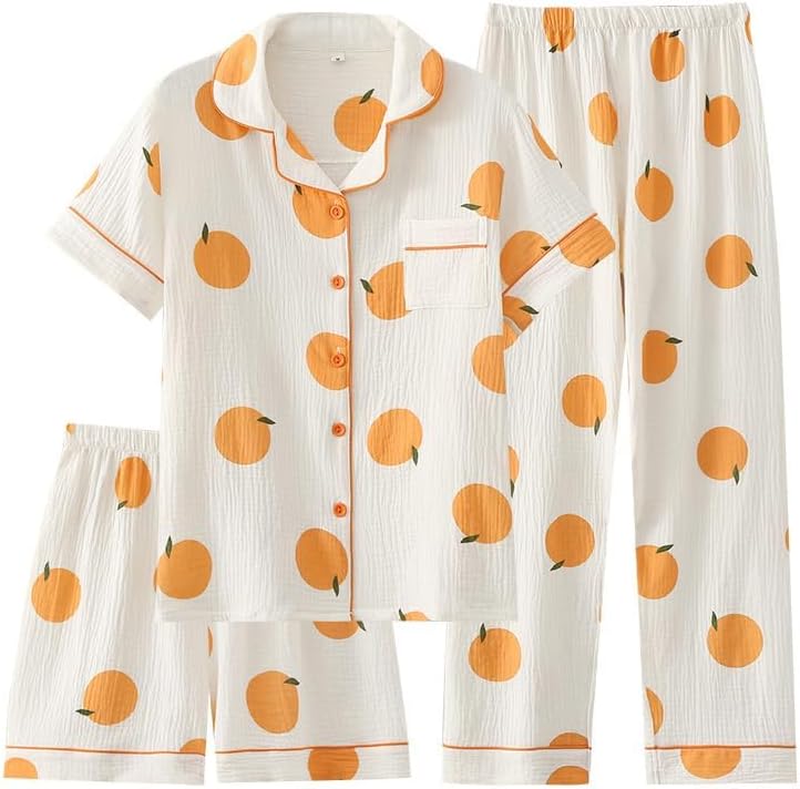 Women's Three Piece Cotton Short Sleeve Pajama Set with Printed Pants