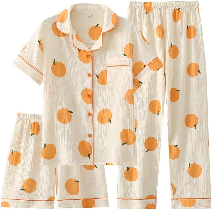 Women's Three Piece Cotton Short Sleeve Pajama Set with Printed Pants