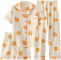 Women's Three Piece Cotton Short Sleeve Pajama Set with Printed Pants