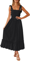 Women's Square Neck Tie Up Ribbon Straps Floral Tiered Maxi Dress