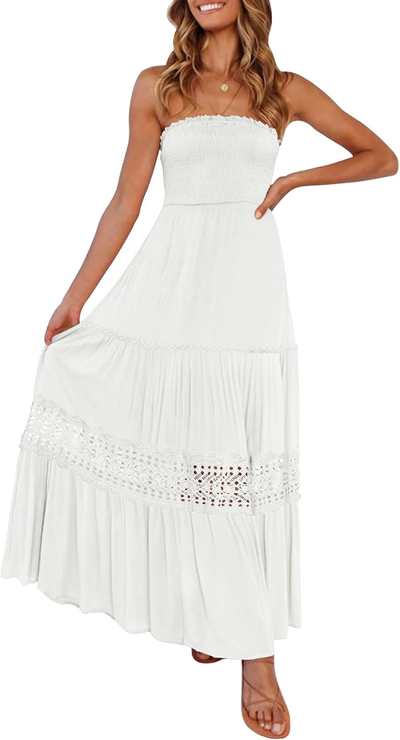 Women's Strapless Off Shoulder Lace Trim Backless Flowy A Line Maxi Dress