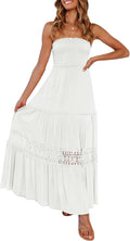 Women's Strapless Off Shoulder Lace Trim Backless Flowy A Line Maxi Dress
