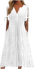 Women's Short Sleeve Eyelet Tshirt Casual Summer Beach Vacation Maxi Dress