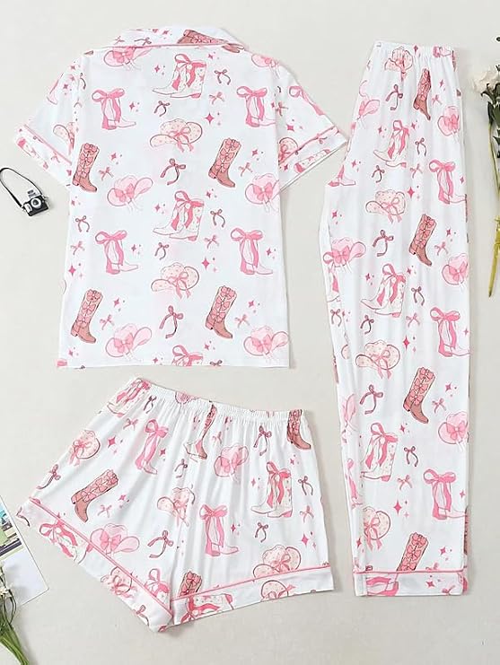 Women's Three Piece Western Print Button Down Pajama Set with Shorts and Pants