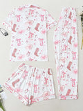 Women's Three Piece Western Print Button Down Pajama Set with Shorts and Pants