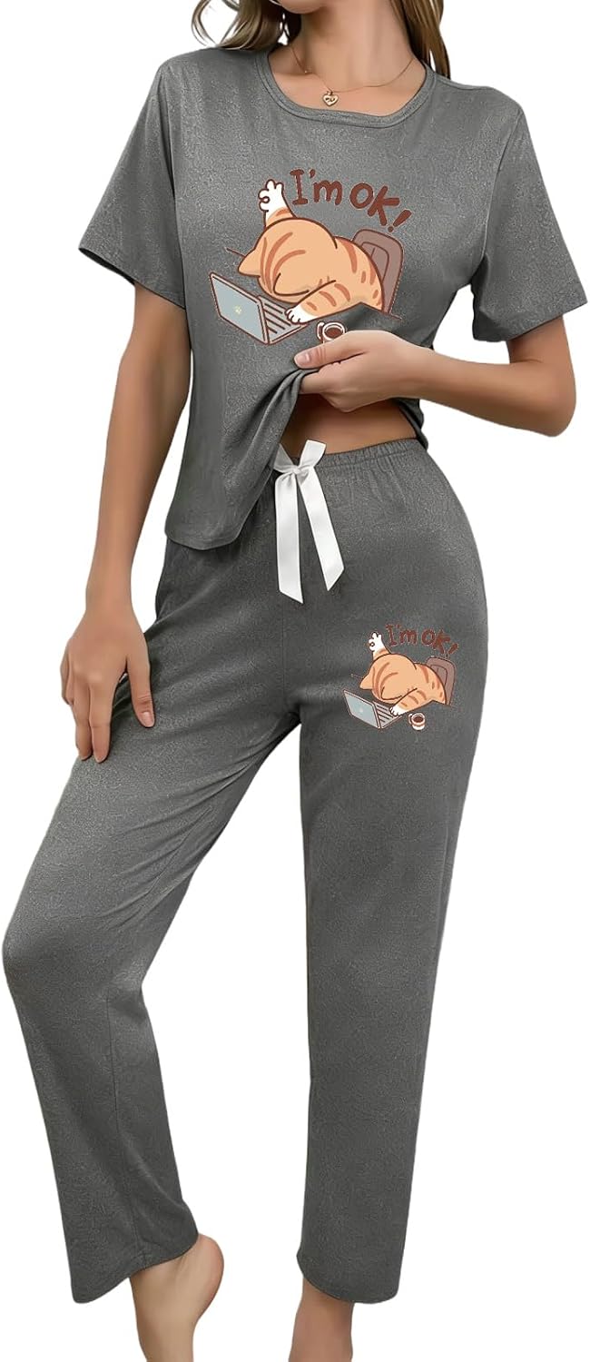 Women's Three Piece Cat Print Pajama Set with Shorts and Long Pants