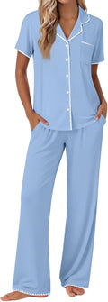 Women Pajama Set Button-Up Soft Short Sleeve Lounge Set