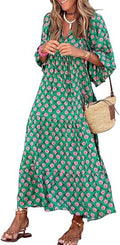 Women's Loose Fit V Neck Half Sleeve Bohemian Geometric Pattern Maxi Dress