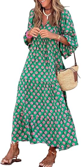 Women's Loose Fit V Neck Half Sleeve Bohemian Geometric Pattern Maxi Dress