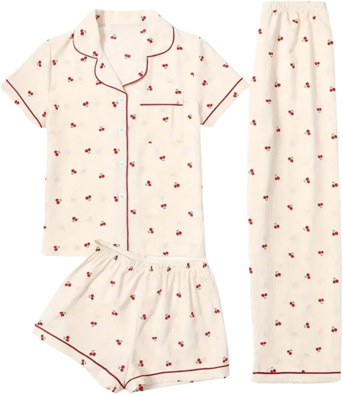 Women's Three Piece Bow Button Down Pajama Set with Shorts and Pants