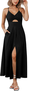 Women's Spaghetti Strap Deep V Neck Cutout Slit Casual Beach Maxi Dress with Pockets