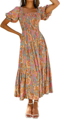 Women's Square Neck Elastic Puff Short Sleeve Floral Swing Maxi Dress