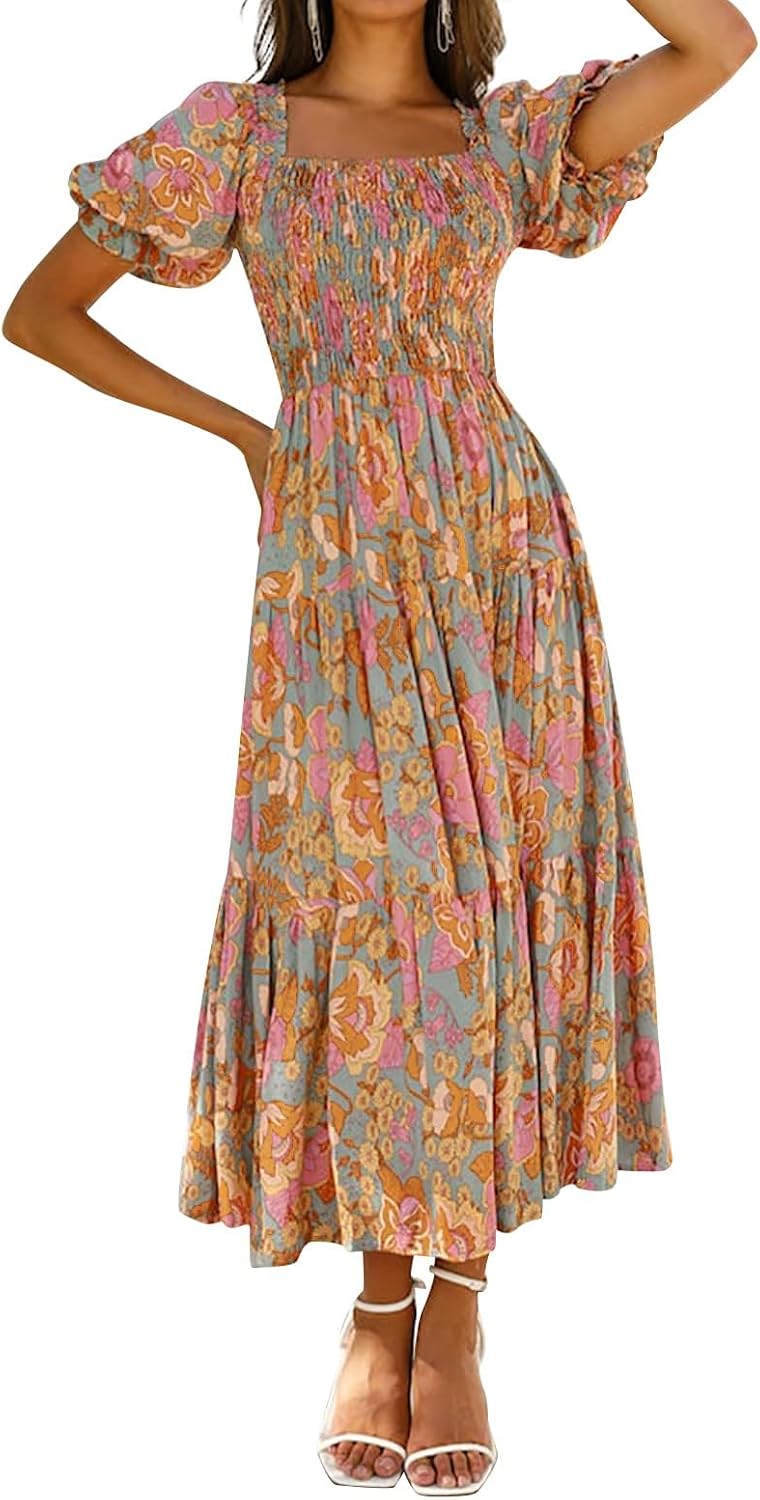 Women's Square Neck Elastic Puff Short Sleeve Floral Swing Maxi Dress