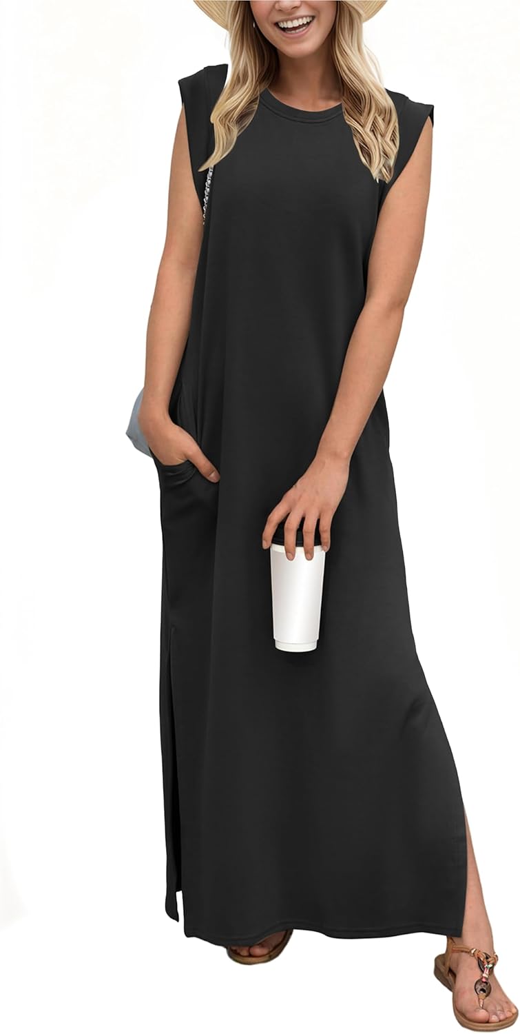 Women's Round Neck Sleeveless Side Slit Wrinkle Free Long Maxi Dress with Pockets
