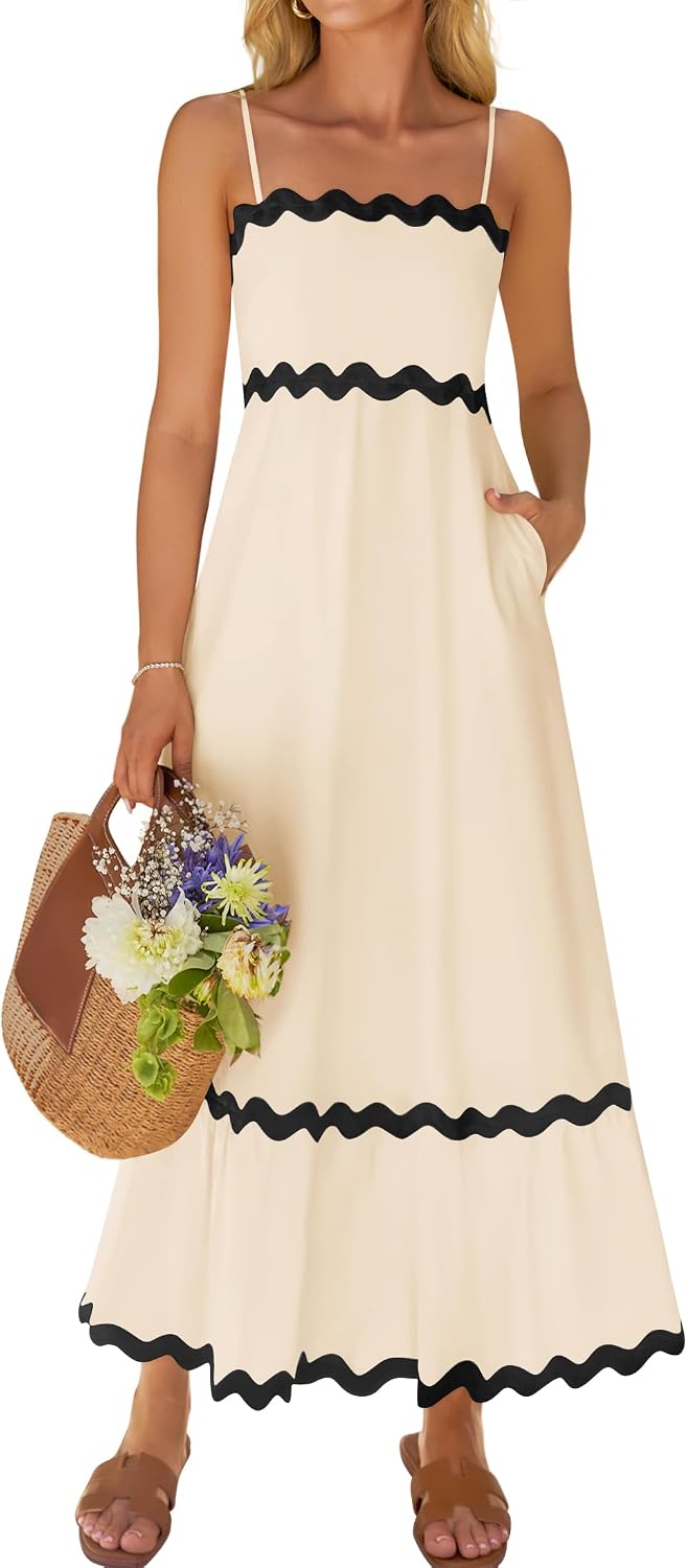 Women's Adjustable Spaghetti Straps Square Neck Smocked Backless Swing Midi Dress