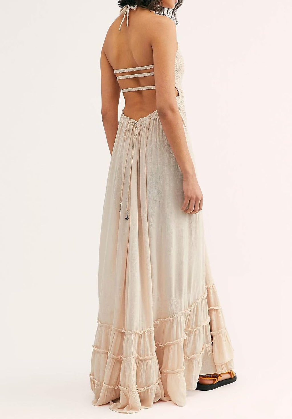 Women's Halter Neck Tie Backless Shirred Elastic Bodice Ruffle Hem Maxi Dress