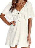 Women's Deep V Neck Bow Tie Floral Embellished Short Sleeve Mini Dress