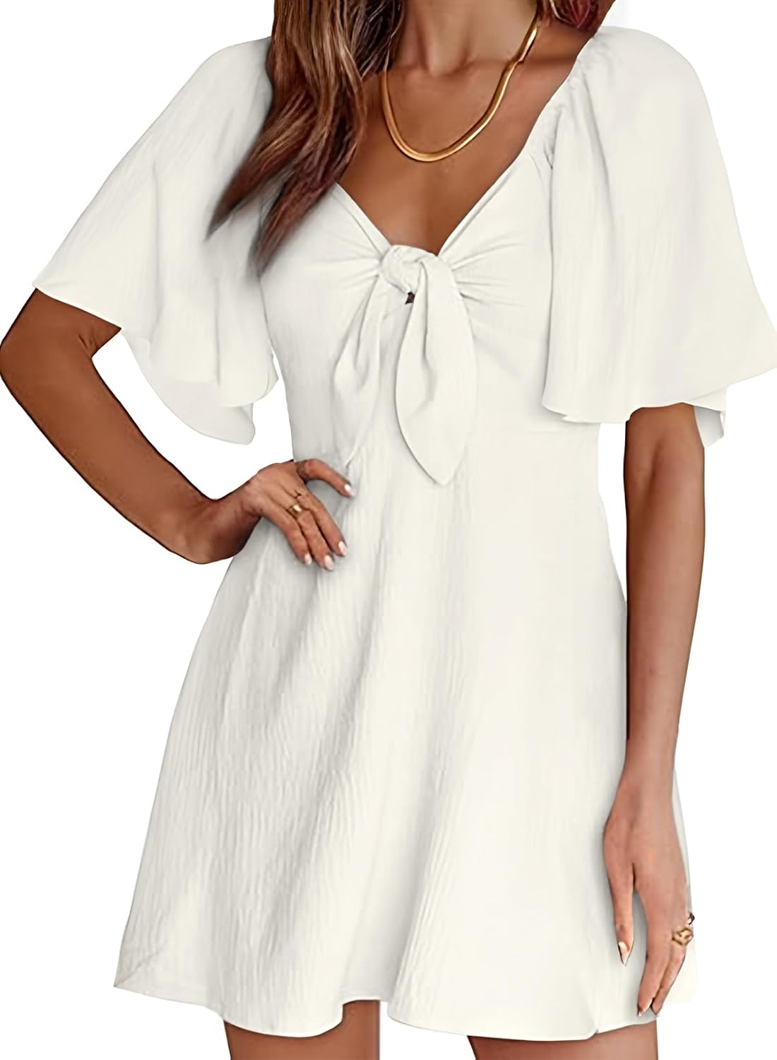 Women's Deep V Neck Bow Tie Floral Embellished Short Sleeve Mini Dress