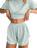 Women Striped Print Crewneck Pajama Set with Split Shorts