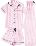 Women's Three Piece Striped Satin Button Down Pajama Set