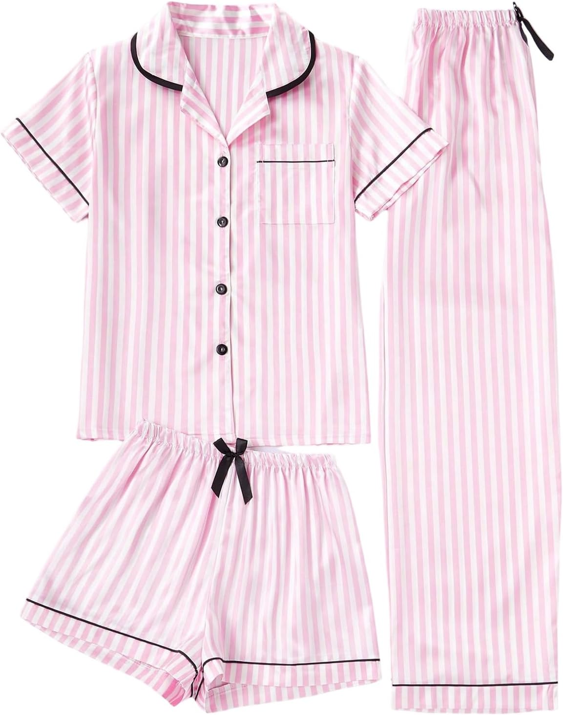 Women's Three Piece Striped Satin Button Down Pajama Set