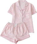 Women Plaid 2-Piece Pajama Set Button-Down Shirt and Shorts