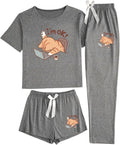 Women's Three Piece Cat Print Pajama Set with Shorts and Long Pants
