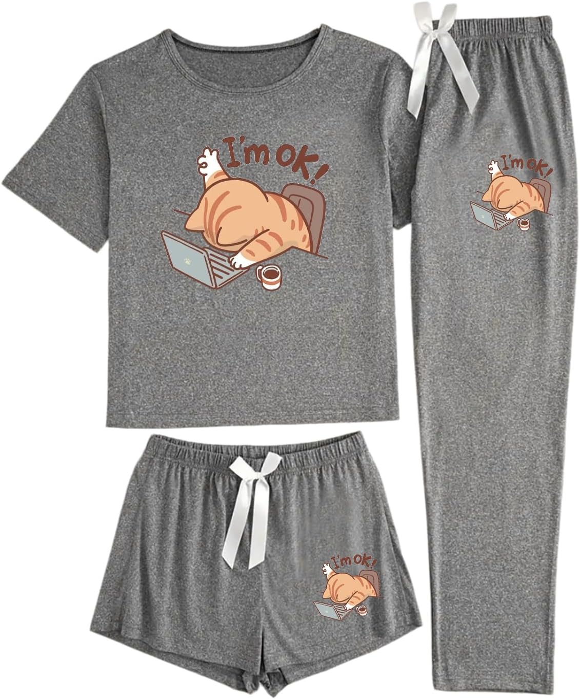 Women's Three Piece Cat Print Pajama Set with Shorts and Long Pants