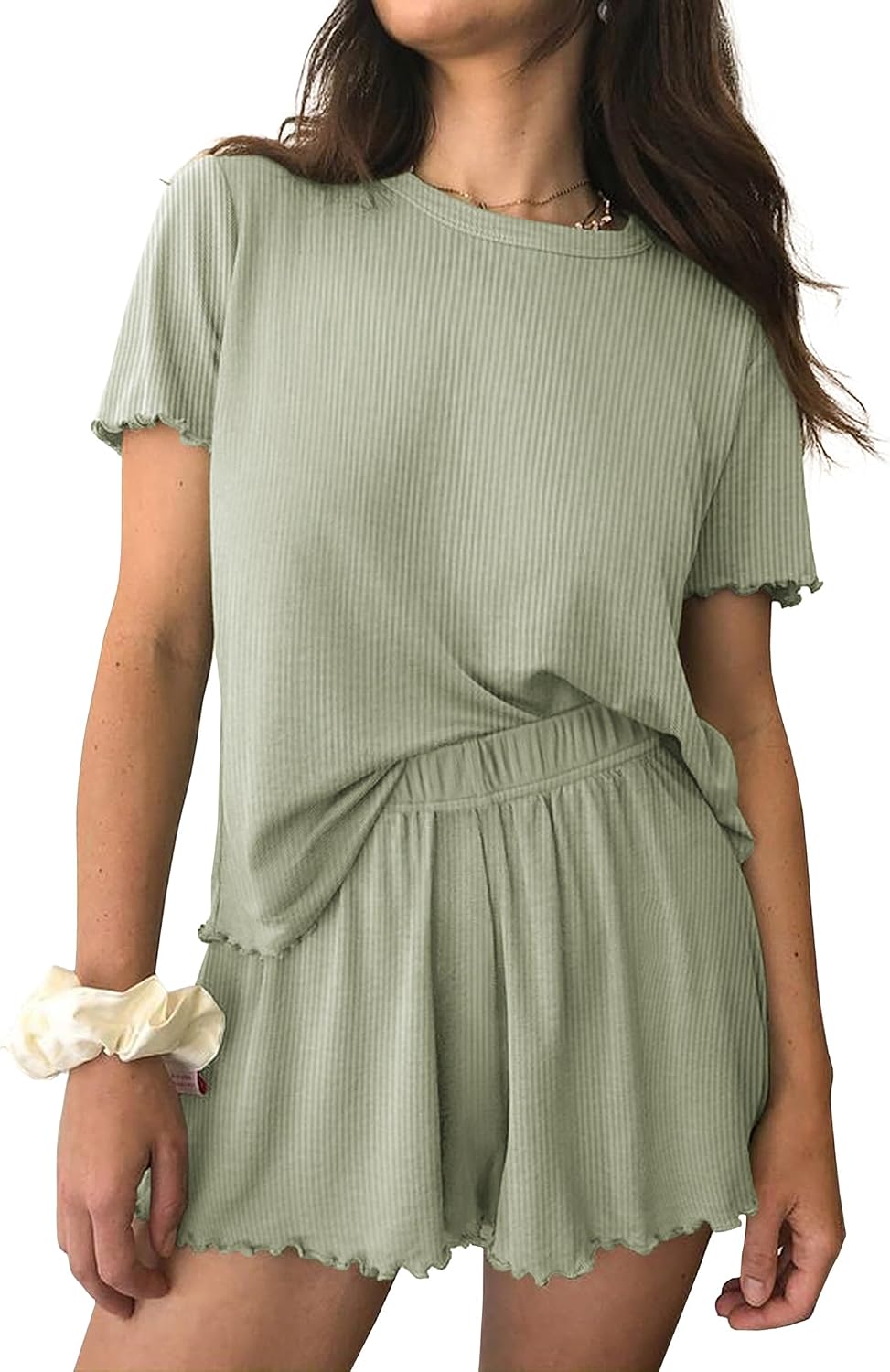 Women 2-Piece Ribbed Knit Short Sleeve Pajama Set