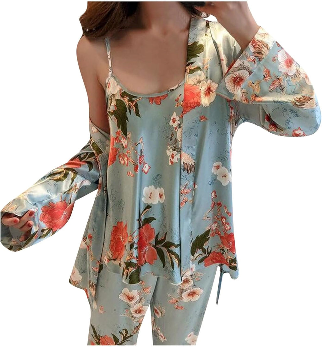Women's Three Piece Floral Satin Cami Pajama Set with Robe and Pants