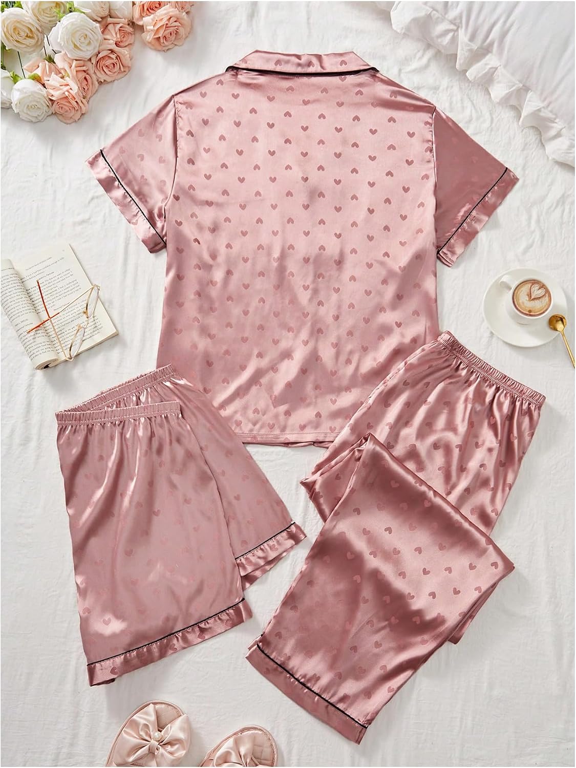 Women's Three Piece Satin Button Down Pajama Set with Shorts and Pants
