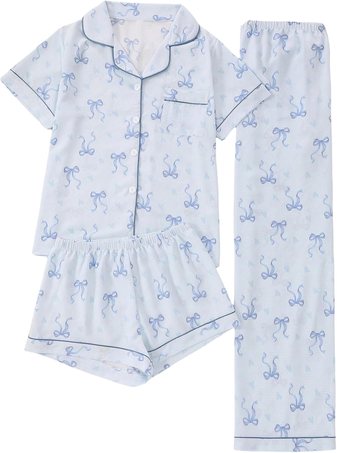 Women's Three Piece Printed Short Sleeve Pajama Set with Shorts and Pants