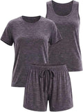 Women's Three Piece Crew Neck Top and Tank Pajama Set with Shorts