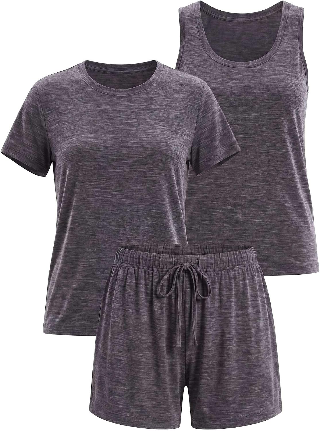Women's Three Piece Crew Neck Top and Tank Pajama Set with Shorts
