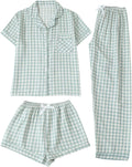 Women's Three Piece Gingham Pajama Set with Button Down Shirt and Bottoms