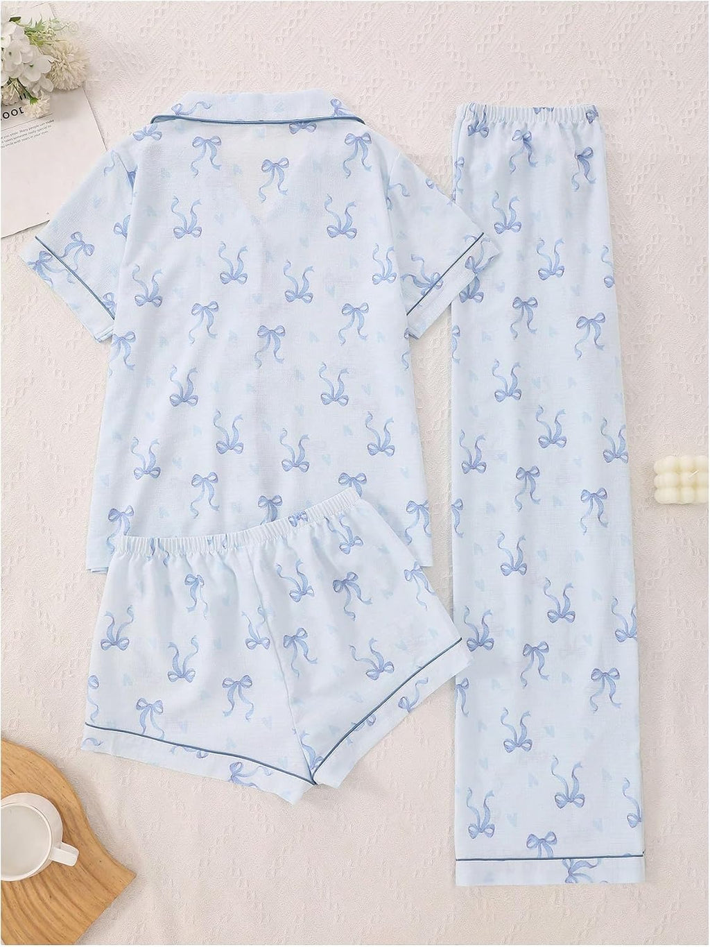 Women's Three Piece Printed Short Sleeve Pajama Set with Shorts and Pants