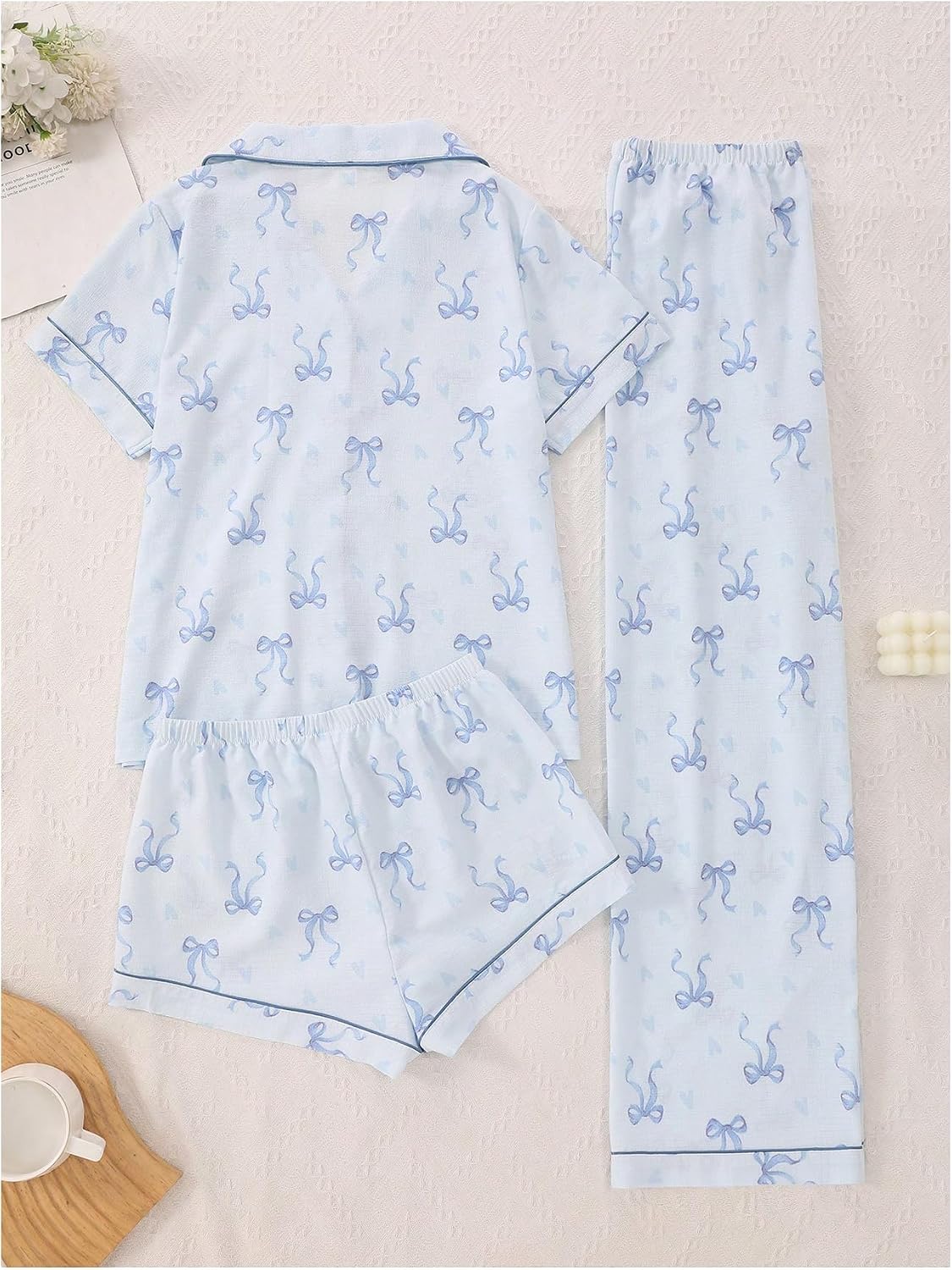 Women's Three Piece Printed Short Sleeve Pajama Set with Shorts and Pants