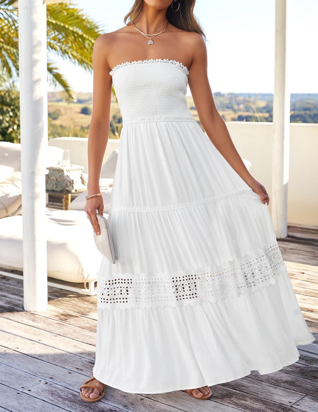 Women's Strapless Off Shoulder Lace Trim Backless Flowy A Line Maxi Dress