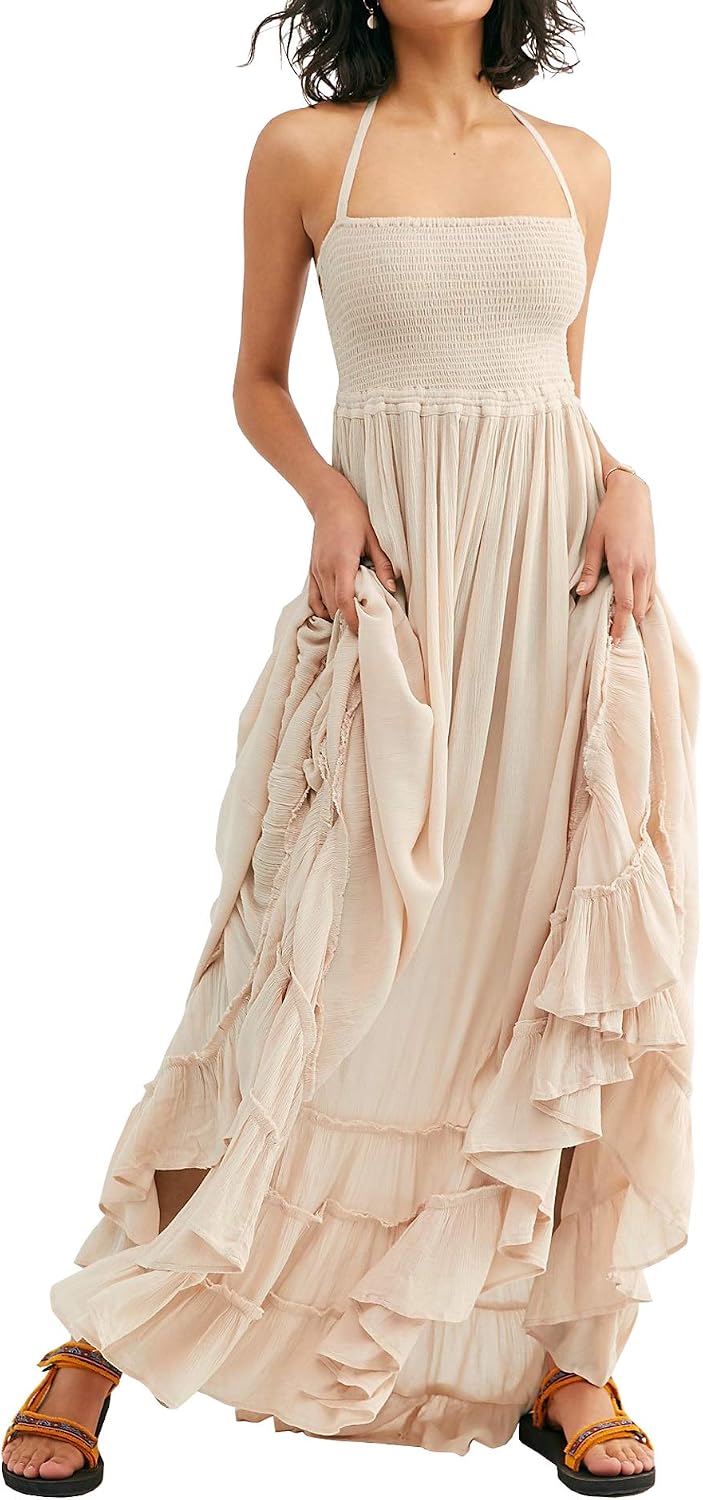 Women's Halter Neck Tie Backless Shirred Elastic Bodice Ruffle Hem Maxi Dress
