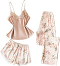 Women's Three Piece Satin Pajama Set with Lace Cami and Floral Bottoms