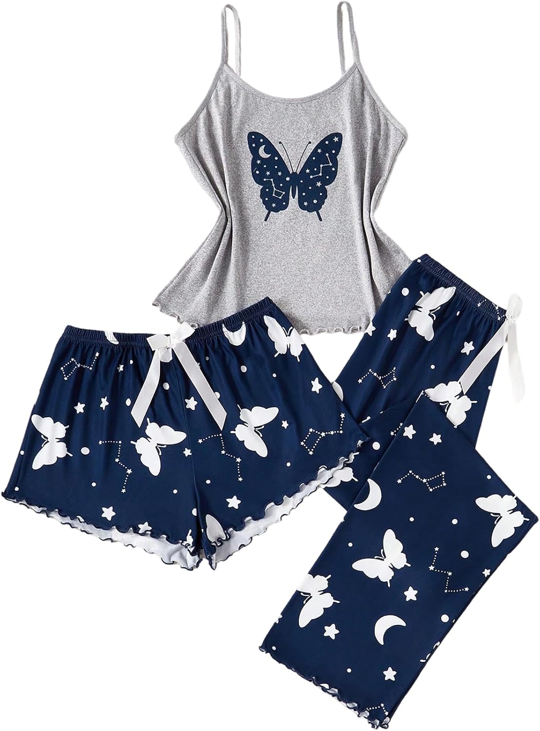 Women's Three Piece Printed Cami Pajama Set with Shorts and Pants