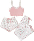 Women's Three Piece Floral Lace Cami Pajama Set with Shorts and Pants