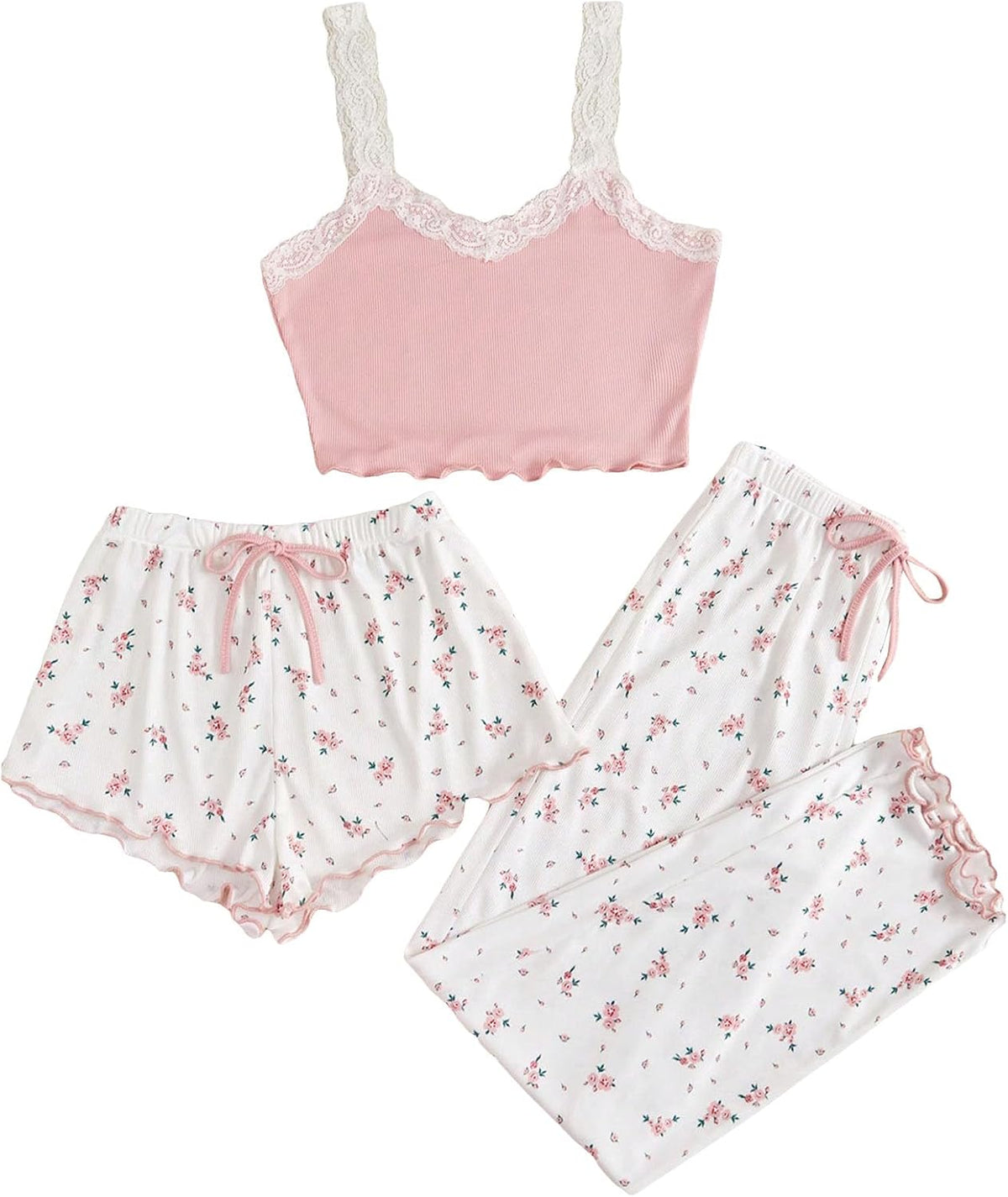 Women's Three Piece Floral Lace Cami Pajama Set with Shorts and Pants