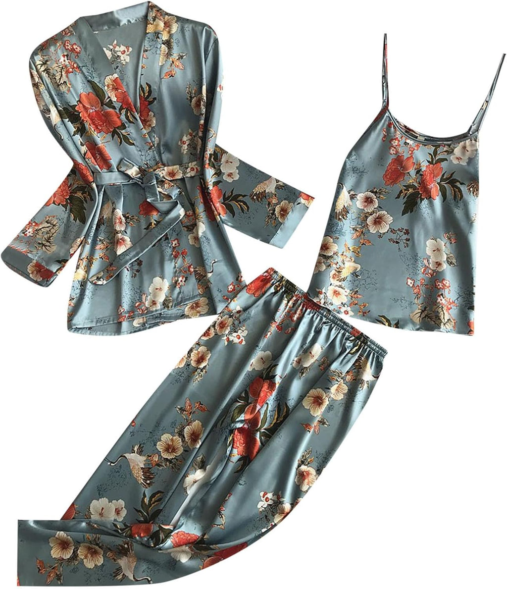 Women's Three Piece Floral Satin Cami Pajama Set with Robe and Pants