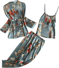 Women's Three Piece Floral Satin Cami Pajama Set with Robe and Pants