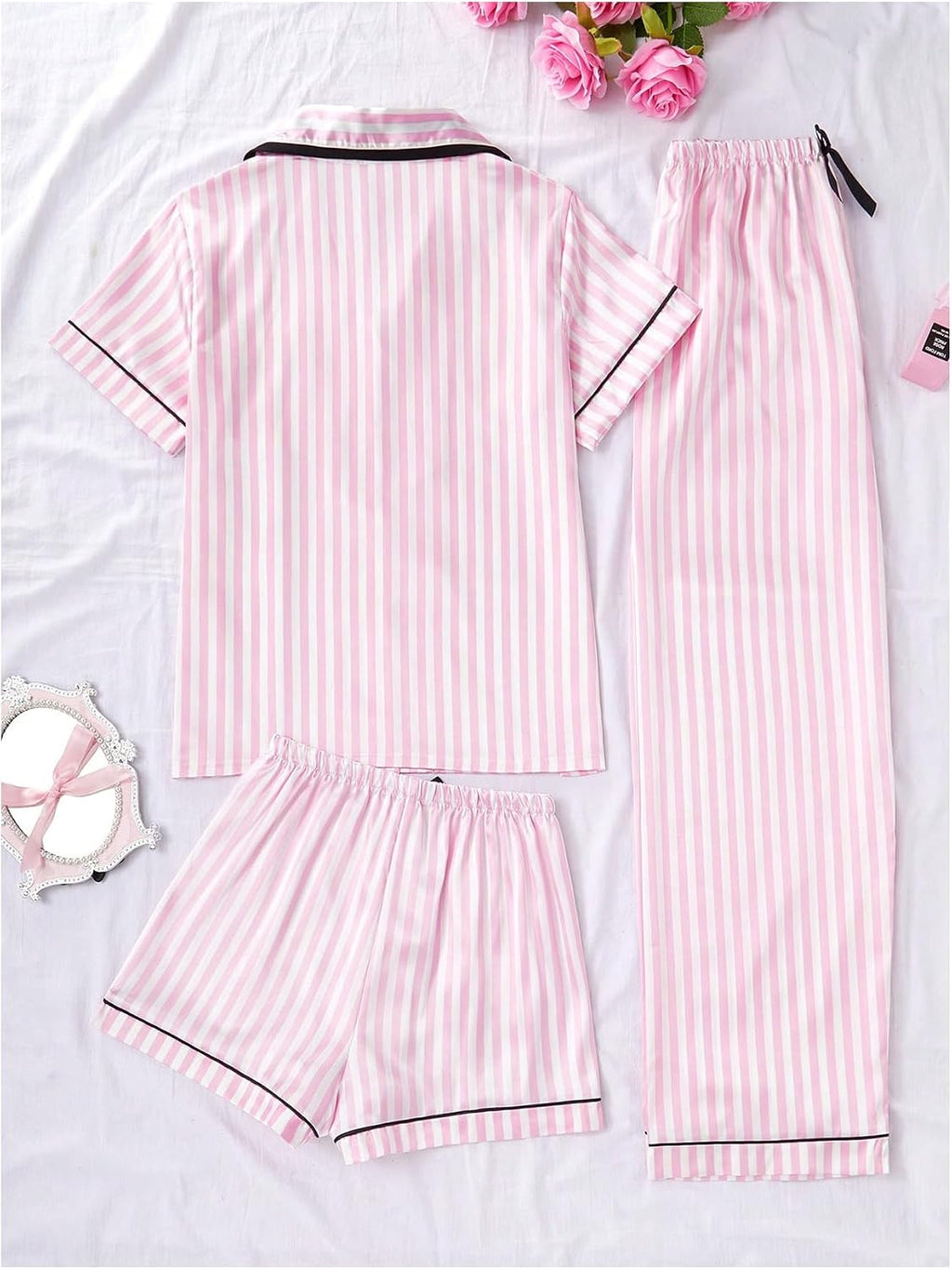 Women's Three Piece Striped Satin Button Down Pajama Set