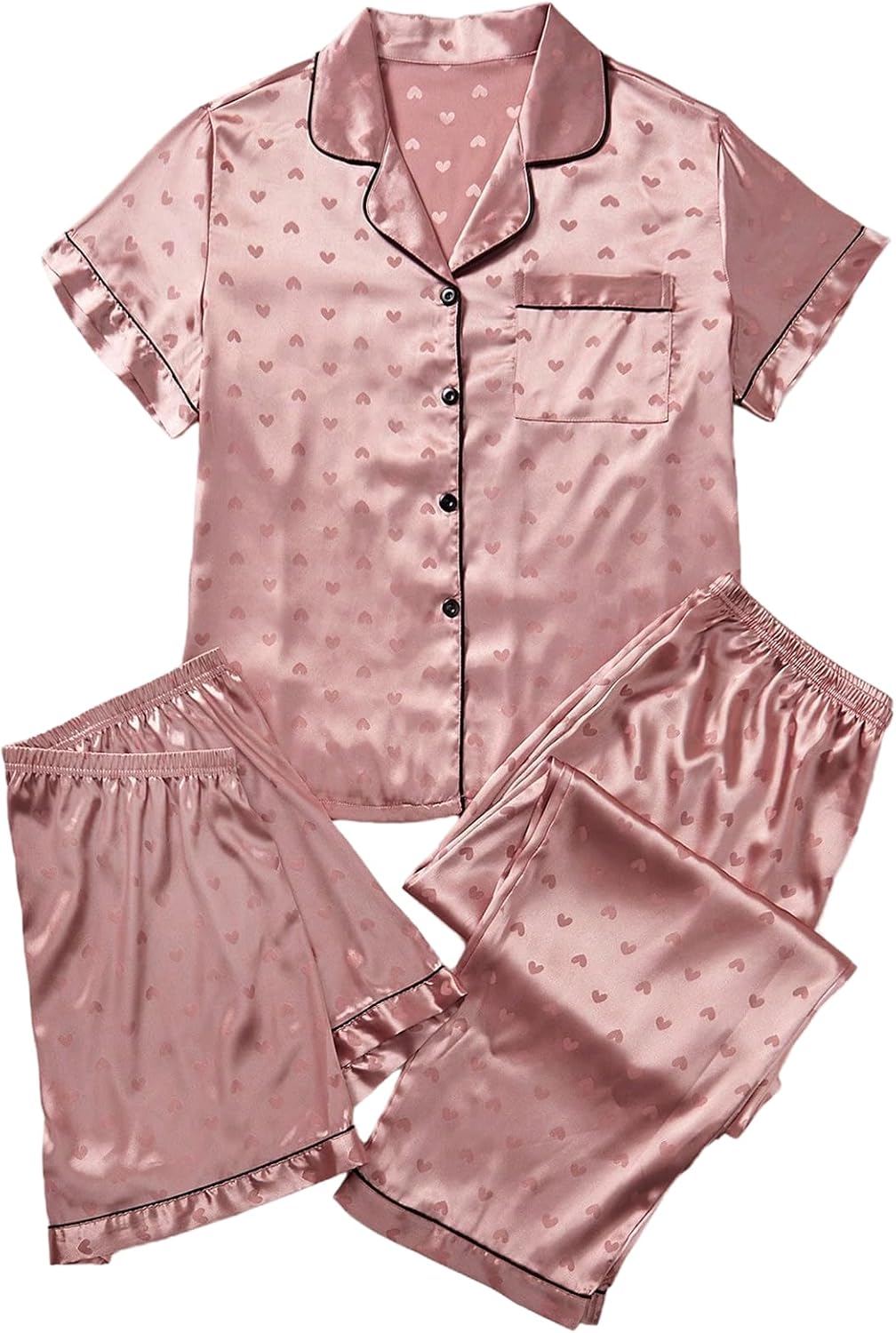 Women's Three Piece Satin Button Down Pajama Set with Shorts and Pants