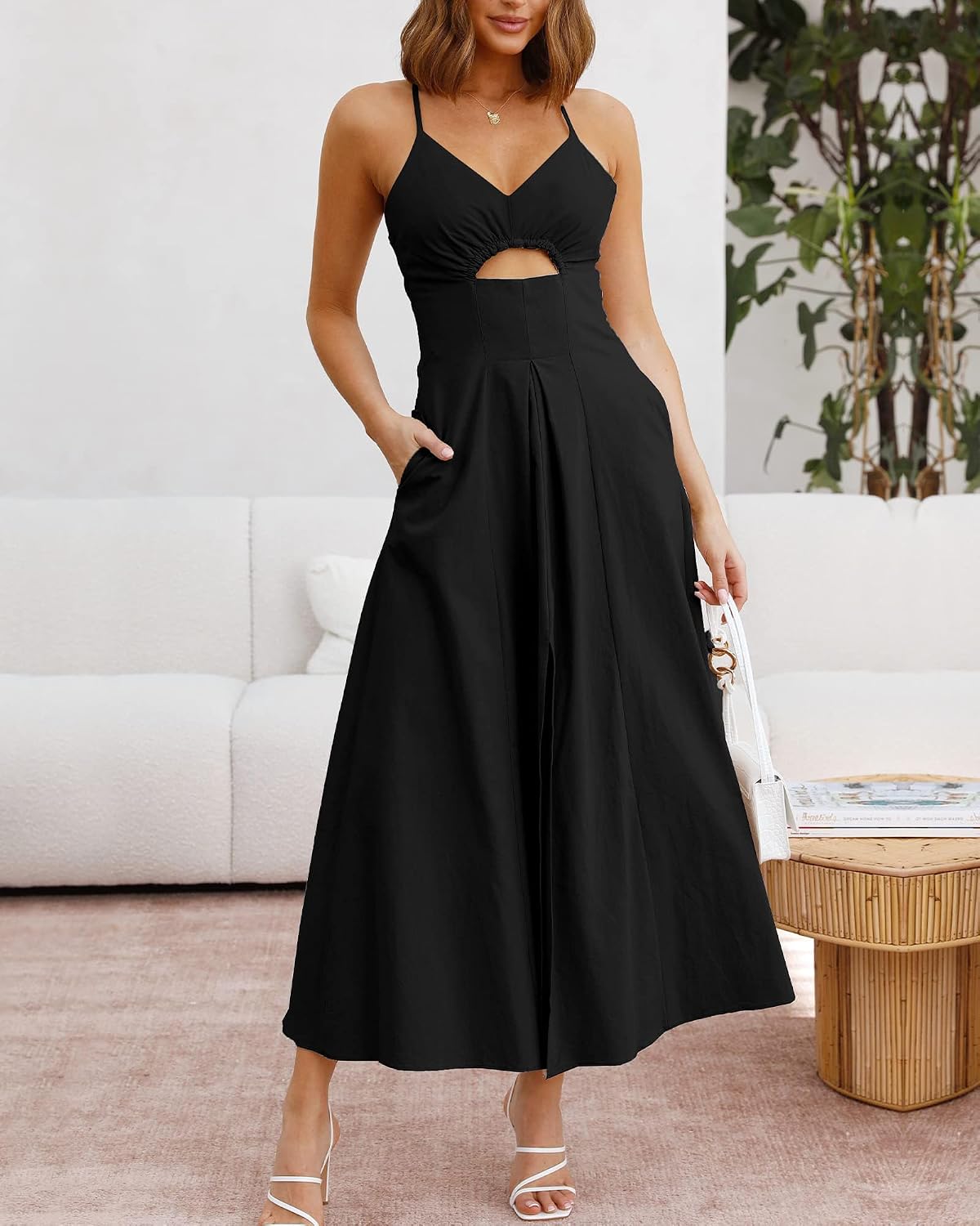 Women's Spaghetti Strap Deep V Neck Cutout Slit Casual Beach Maxi Dress with Pockets