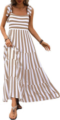 Women's Spaghetti Strap Square Neck Floral Tiered Flowy Beach Maxi Dress